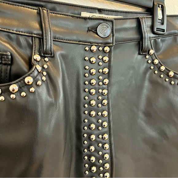 Black Studded Faux Leather Mini Skirt Asymmetrical Hem Rock Chic Y2K Staple - Picture 5 of 16